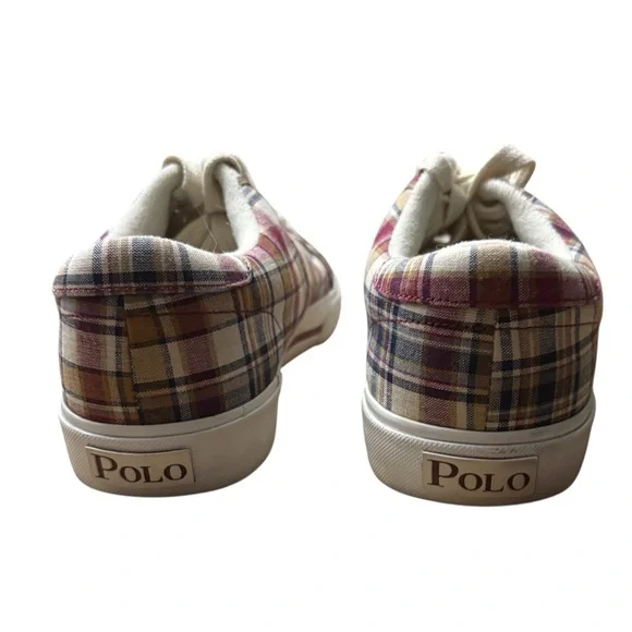 POLO RALPH LAUREN Madras Maroon / Tan Plaid‎ Humberto Canvas Sneakers Size 8D - Picture 7 of 9